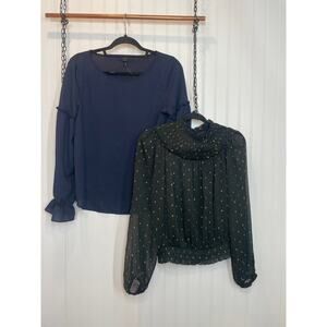 Ann Taylor Metallic Clip Smocked Ruffle Neck Top & Ruffle Cuff Popover SET Sz S